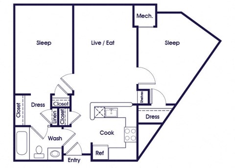 Floor plan for 2 beds, 1 bath, 861 sqft